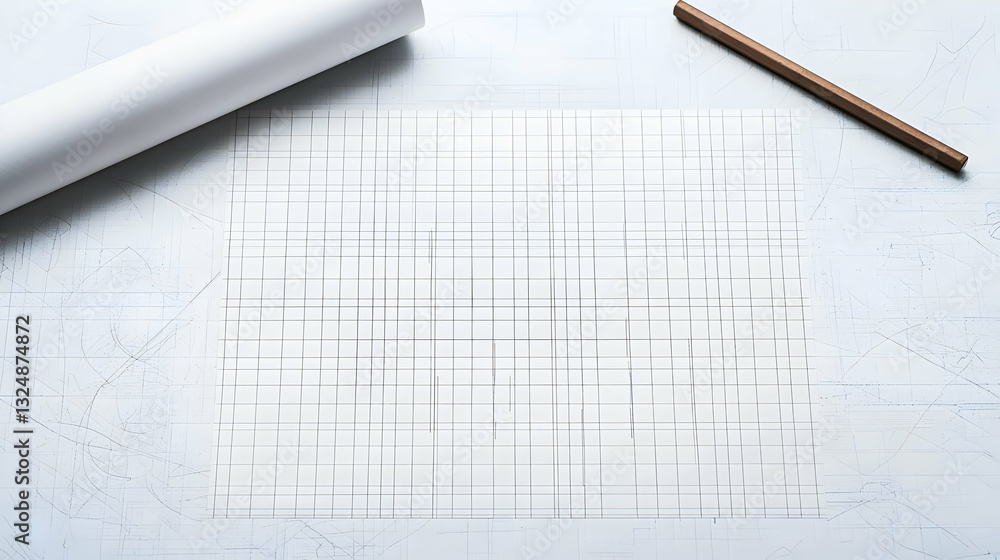 Aufkleber top view of graph plotted on transparent grid paper with pencil on white desk for data analysis and 