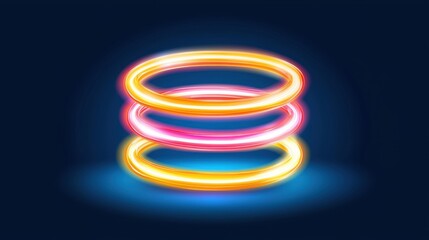 Three glowing rings of varying colors and sizes are arranged in a pyramid shape against a dark blue background.