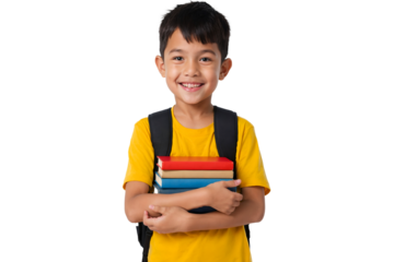 Portrait of a young schoolboy carrying school books, isolated on a transparent background