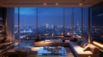 Night Cityscape View from Luxury Penthouse Apartment