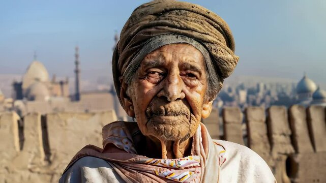 old american native in the desert looking on camera