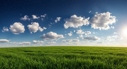 Obraz premium Green Grass Field Under Sunny Blue Sky with Clouds and Stars