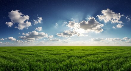 Fototapeta premium Green Grass Field Under a Bright Blue Sky with Fluffy Clouds