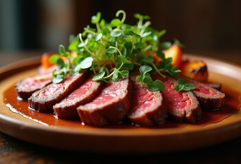 boldly styled culinary creation showcasing rich textures meat vibrant appetizing presentation, flavor, garnish, sauce, herbs, spices, cooking, cuisine