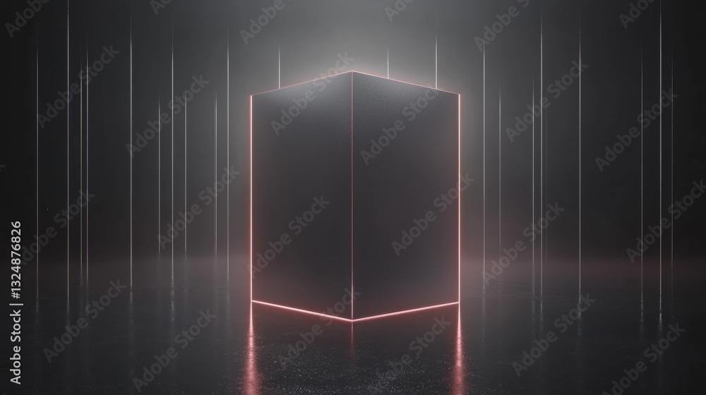 Poster a 3d rendering of a cube with a glowing red light on its side.
