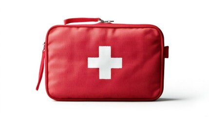Obraz premium A red first aid kit with a white cross, closed and ready for use. Isolated on a white background, it's ideal for emergency, medical, and healthcare projects.
