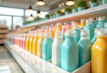 vibrant dairy display showcasing fresh milk containers diverse colors arrangements, presentation, shelves, selection, organic, packaged, bottles, varieties