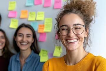 Smiling faces, bright ideas: Group of diverse, happy women sharing an exciting moment. Behind them a wall of colorful sticky notes. 