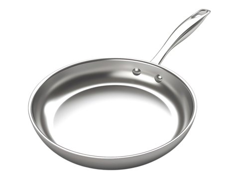 Sleek stainless steel frying pan, empty and ready for culinary creations.  Perfect for showcasing recipes, cooking themes, or kitchenware.  Clean design, minimalist aesthetic.