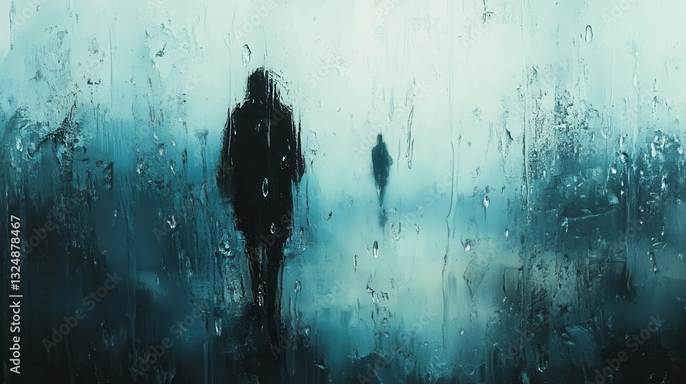 Poster Melancholic reflections captured through raindrops on a window with a distant figure in soft blue and gray hues