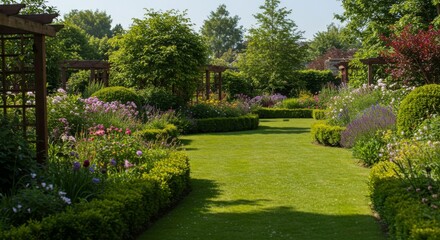 Walking Through Manicured Garden with Green Lawn and Flower Beds