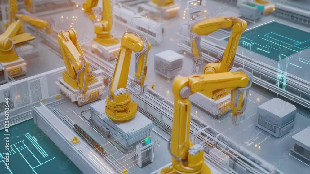 Poster robotic arms working on a production line inside a smart factory, optimizing efficiency and precisio