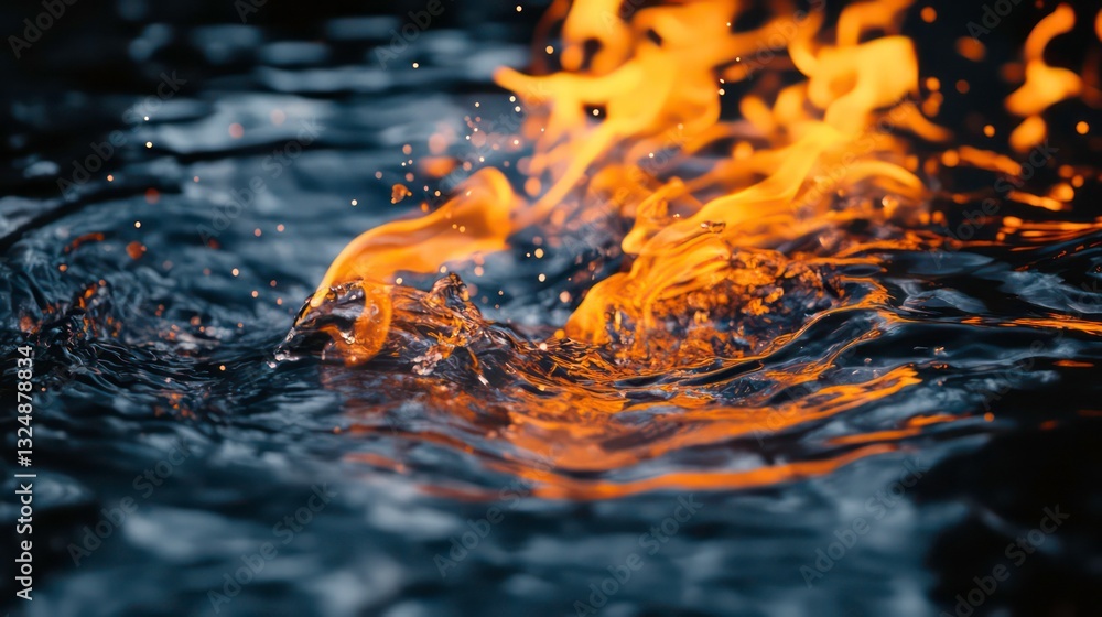 Poster conceptual image of fire and water in close proximity. represents opposing forces, balance, duality,