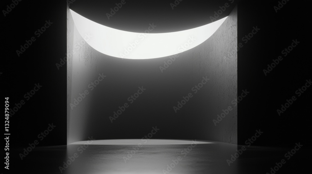 Poster a black and white image of a room with a curved ceiling and a light source.