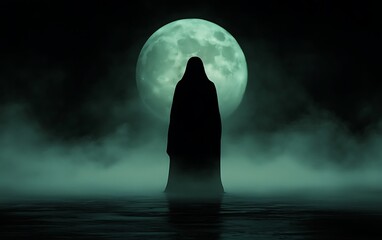 Mysterious Figure Silhouette Dark Night Moon Mist