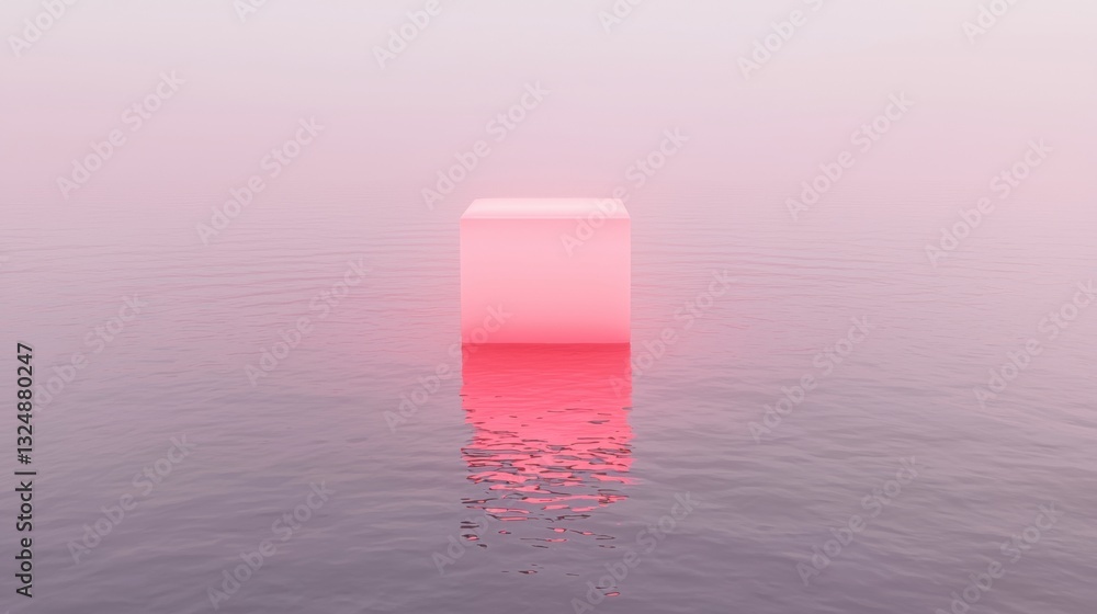 Poster a pink cube-shaped object floats in a body of water, casting a reflection on the surface.