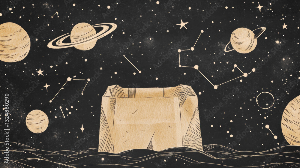 Poster abstract image of a paper bag in the form of a starry sky or space, consisting of points, lines, and
