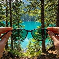Through the Shades of Adventure: Gazing at a Turquoise Mountain Lake While Holding Sunglasses in the Foreground