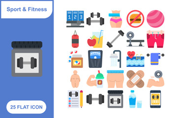 Sports and Fitness Flat Icons Set, Collection of 25 Sports and Fitness Flat Icons Set - 25 Vector Icons for Exercise, Health, Workout, and Sports Activities Design