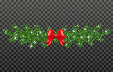 A Christmas fence made of lush fir branches, decorated with glowing lights and an elegant bow. Designed in vector graphics with a png background, perfect for holiday decorations and designs.
