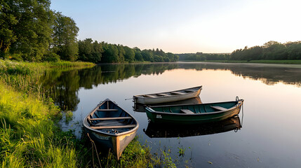 Obraz premium Three Wooden Rowboats Floating on a Calm River with Green Trees on the Banks and Golden Sunlight Reflecting on the Water