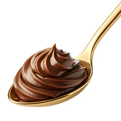 chocolate cream on golden spoon isolated on transparent background