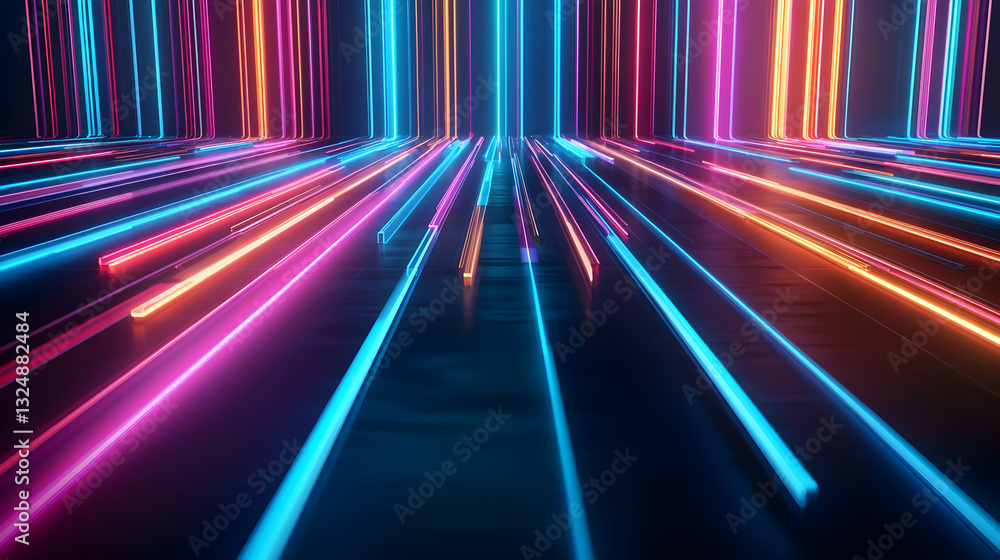 Poster abstract digital neon light trails against dark background with glowing colorful lines in futuristic