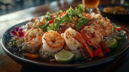 Delicious grilled shrimp served on a bed of rice with colorful vegetables and garnished with fresh herbs in a vibrant setting