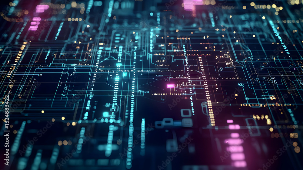 Poster futuristic blue and pink digital circuit board network with glowing lights and data flow in a dark b