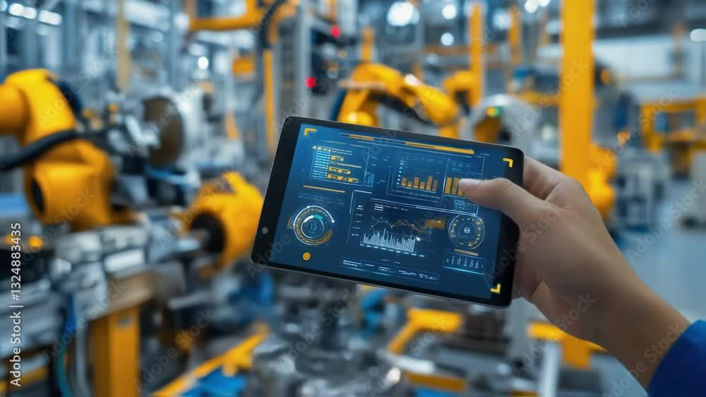 Poster engineer using a digital tablet to monitor and analyze real time production data in a modern automat