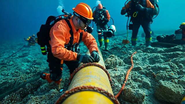 Underwater construction team repairing a large pipeline with divers working in clear blue water