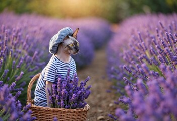 The Sphynx Cat in a striped mariniere top and beret sitting at the lavender field with the basket of lavender, natural light
