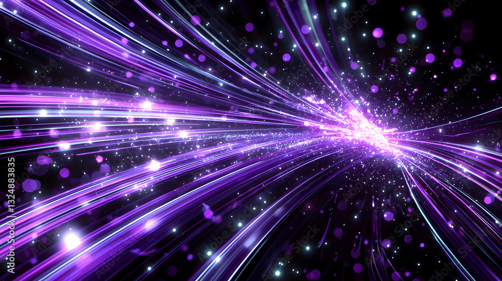 Poster abstract purple light trails with glittering particles in dark background representing digital data 