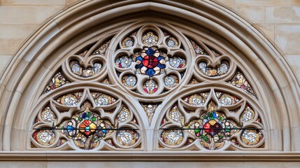 Fototapeta premium A stained-glass window, featuring a complex and colorful design, captures the sunlight, illuminating architectural artistry and craftsmanship.