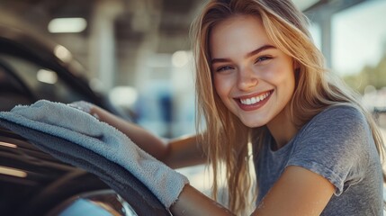 Young woman smiling while cleaning car at a modern wash facility during daylight hours