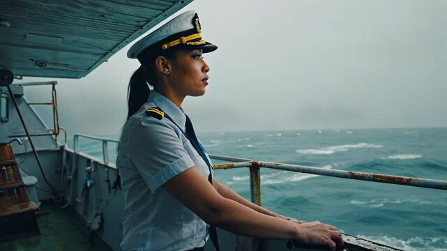 female ship captain looking at rough sea from ship