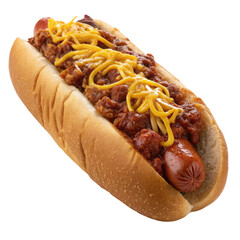 chili dog with cheese isolated on transparent background.