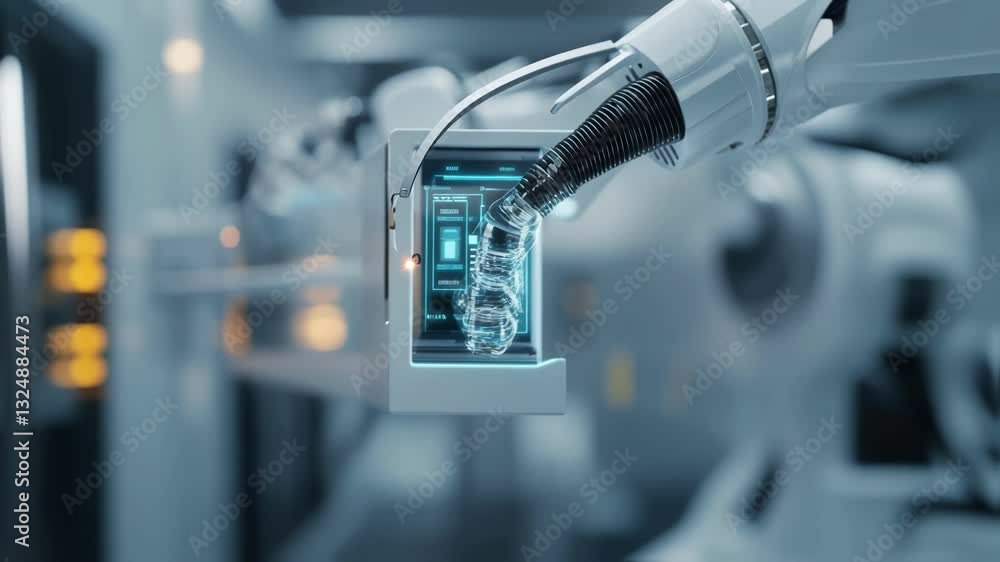 Poster modern robotic arm manipulating a digital control panel with holographic interface in an advanced au