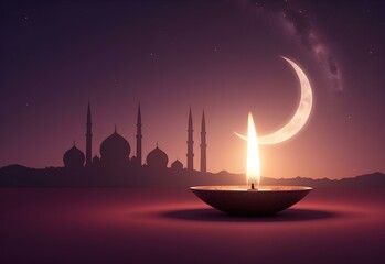 Ramadan Candle with Crescent Moon and Mosque Silhouette at Night
