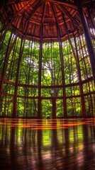 Wooden dome interior, forest view, reflection