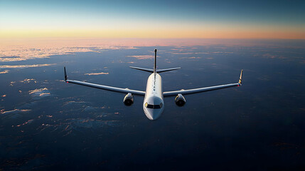 Aerial View Of Airplane Flying Above City Lights During Sunset With Wing Showing Silhouette