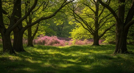 Fototapeta premium Walking Path Through Green Forest with Pink Flowers and Sunlight