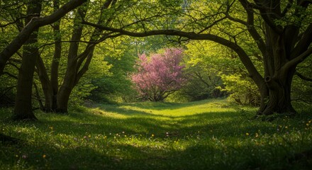 Fototapeta premium Walking Through Green Forest with Blooming Pink Tree at End of Path