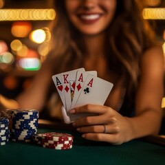 Woman at casino reveals winning five-ace poker hand.