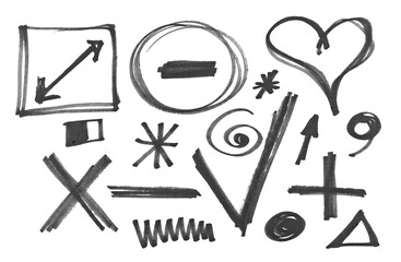 Doodle symbols and icons, hand draw black marker, isolated on white