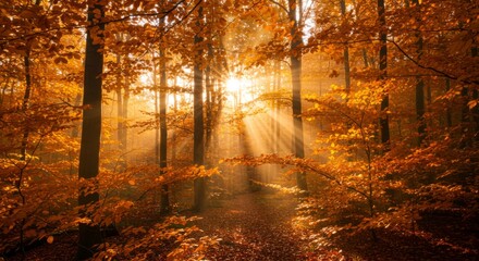 Fototapeta premium Sunlight Streaming Through Golden Autumnal Forest with Fallen Leaves