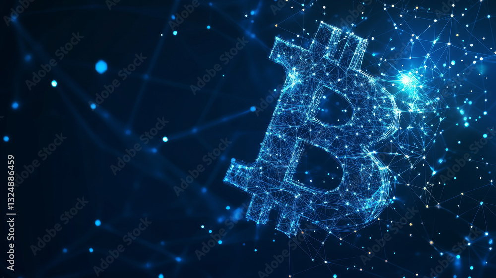 Poster bitcoin in the hand palm low poly wireframe. vector polygonal image in the form of a starry sky or s