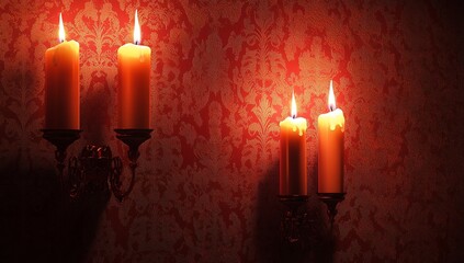 Four lit candles on ornate candle holders cast a warm glow against a rich red damask wallpaper.
