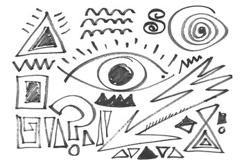 Doodle symbols and icons, hand draw black marker, isolated on white