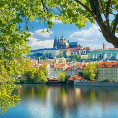 Fototapeta premium Prague's Spring Green Lesser Town above River Vltava under castle